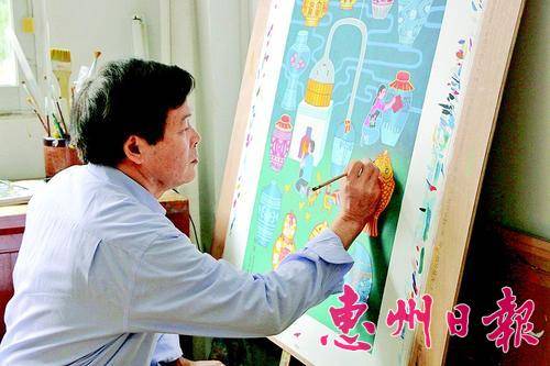 王汉池正在重画34年前的作品《酿酒》。 